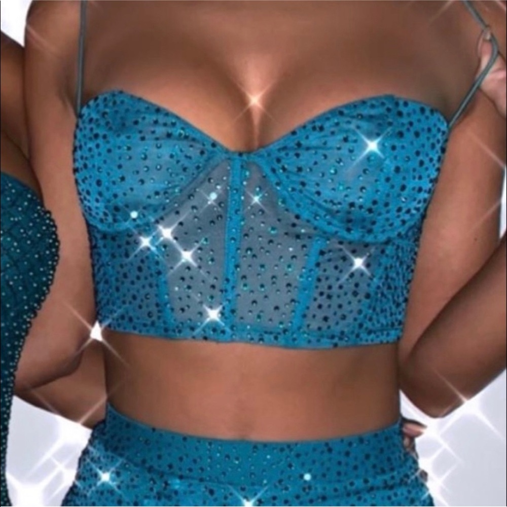 Oh Polly Teal Blue Embellished Bustier Crop Top and Skirt Set